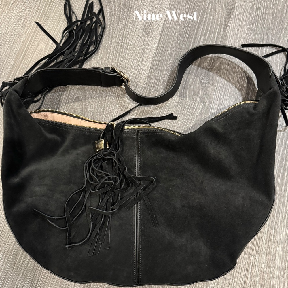 Nine West Black Suede Hobo Bag with Fringe